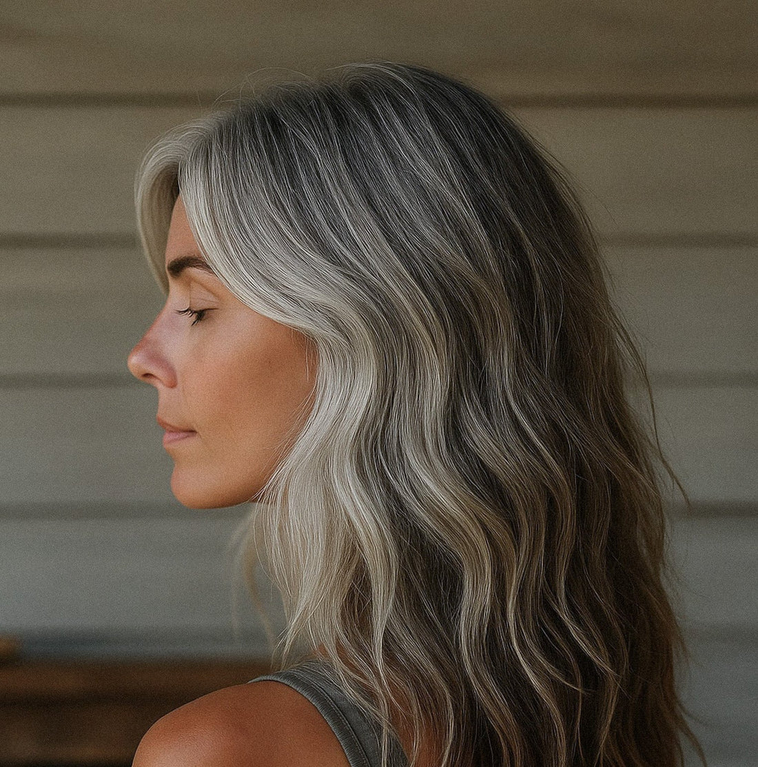 femme en transition couleur vers les cheveux blancs