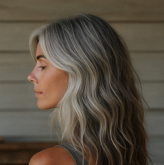 femme en transition couleur vers les cheveux blancs